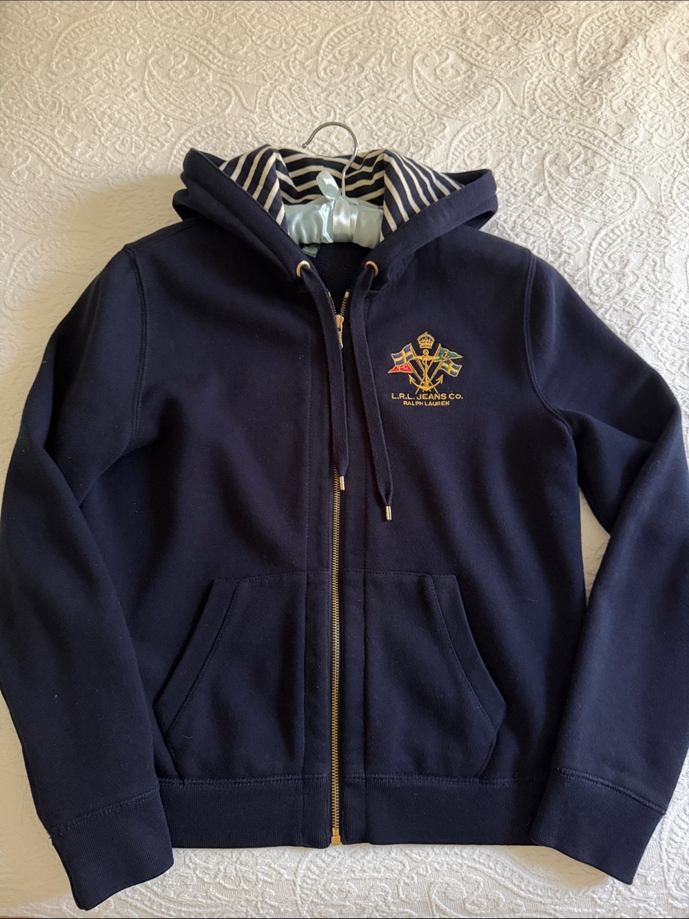 Ralph Lauren Navy Zip-Up Hoodie with Gold Crest Embroidery run bigger size - Picture 3 of 5